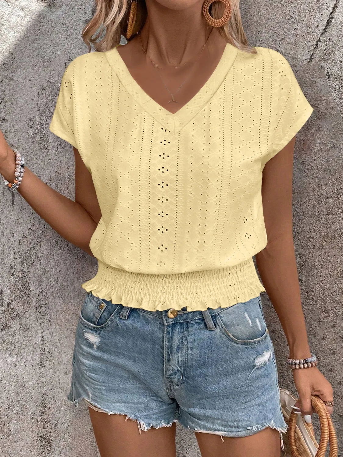 Eyelet V-Neck Short Sleeve Blouse aedd92e0-e170-4a90-b791-e86924328f26-Max-Origin