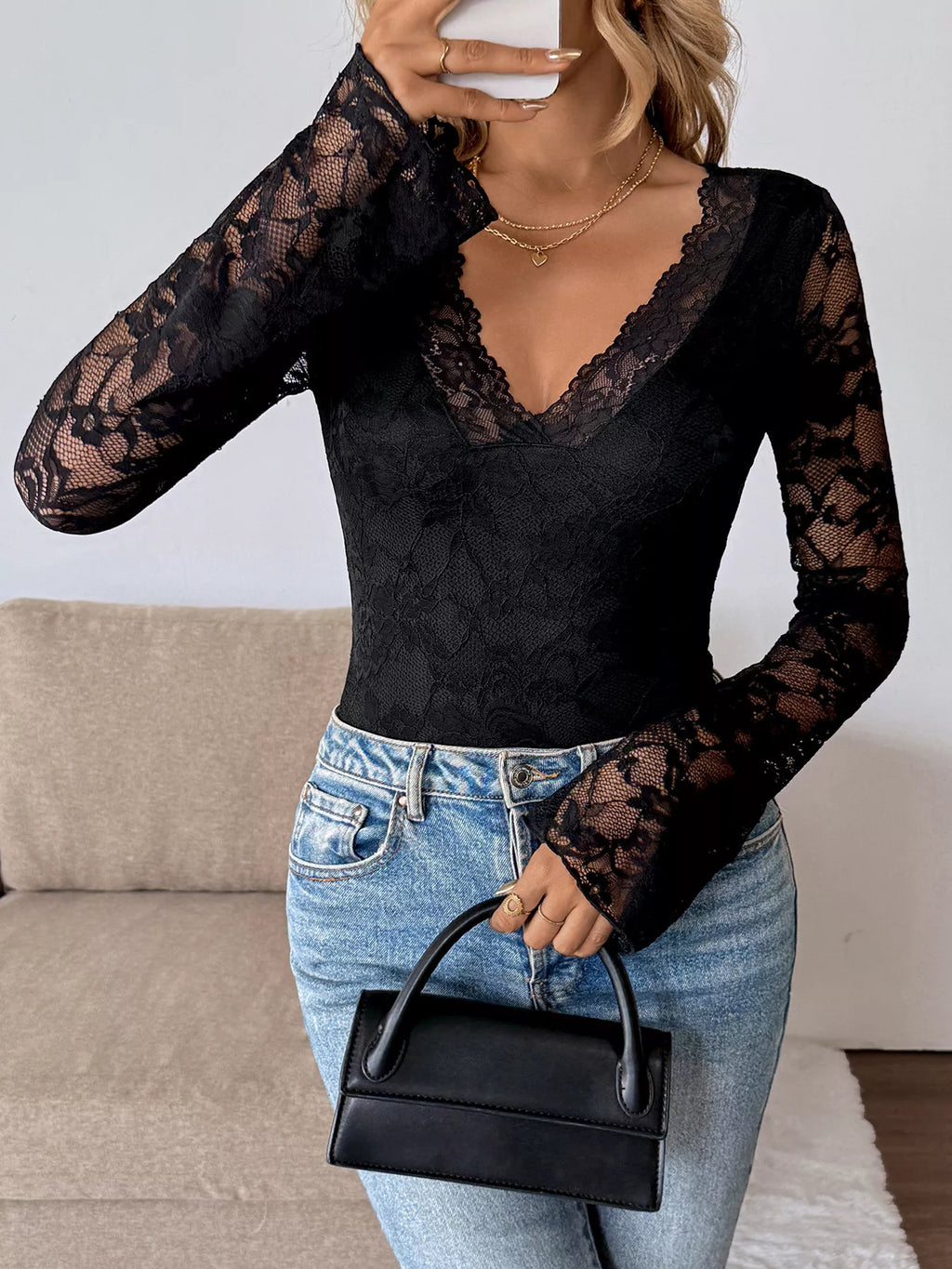 Lace V-Neck Long Sleeve T-Shirt Black aeebc593c5994d599f115d378690fa46-Max-Origin