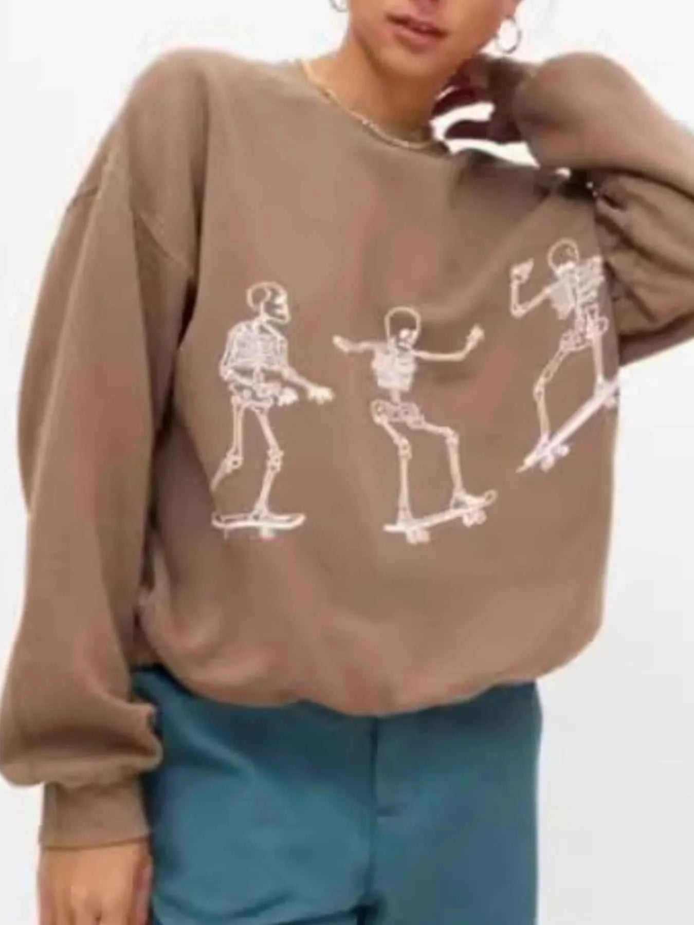 Skeleton Graphic Oversized Sweatshirt Khaki af0065eb-adf0-4714-948d-d8c6a323730e-Max-Origin