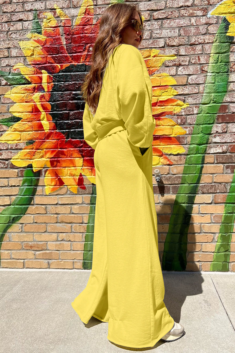 Bright Green Drop Shoulder Crop Pullover Drawstring Wide Leg Pants Set af10378c355a43a6