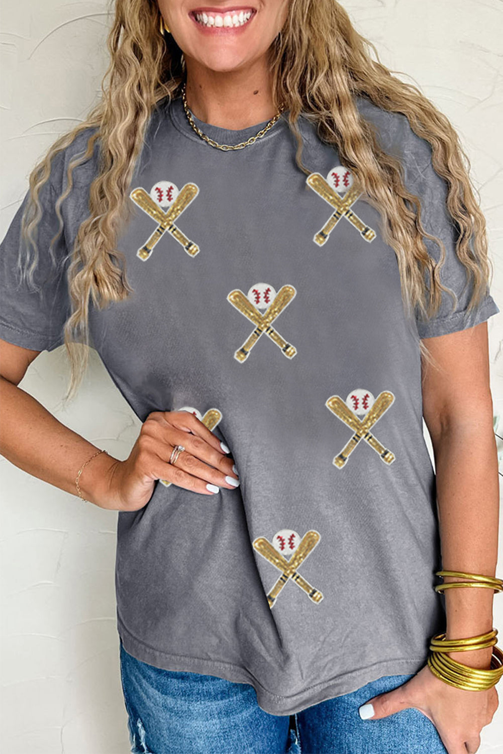 Gray Sequin Baseball Bat Graphic Game Day Casual Tee af10d06f98caa4ac