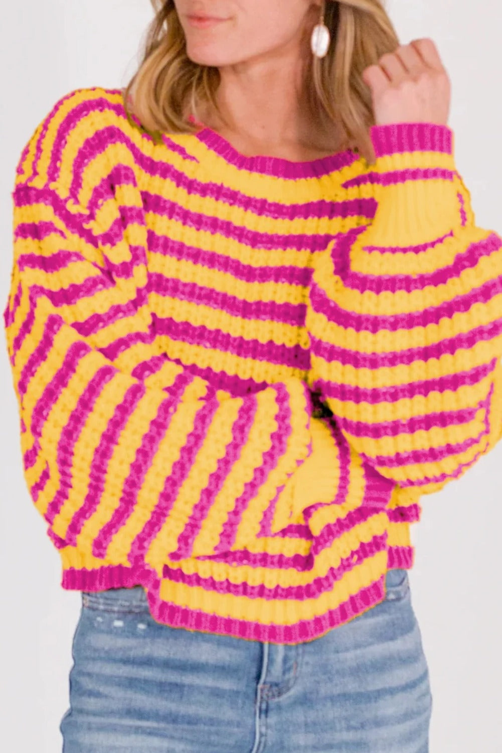Orange Striped Bubble Sleeve Loose Sweater Orange Stripe 100%Acrylic af111156d823de11