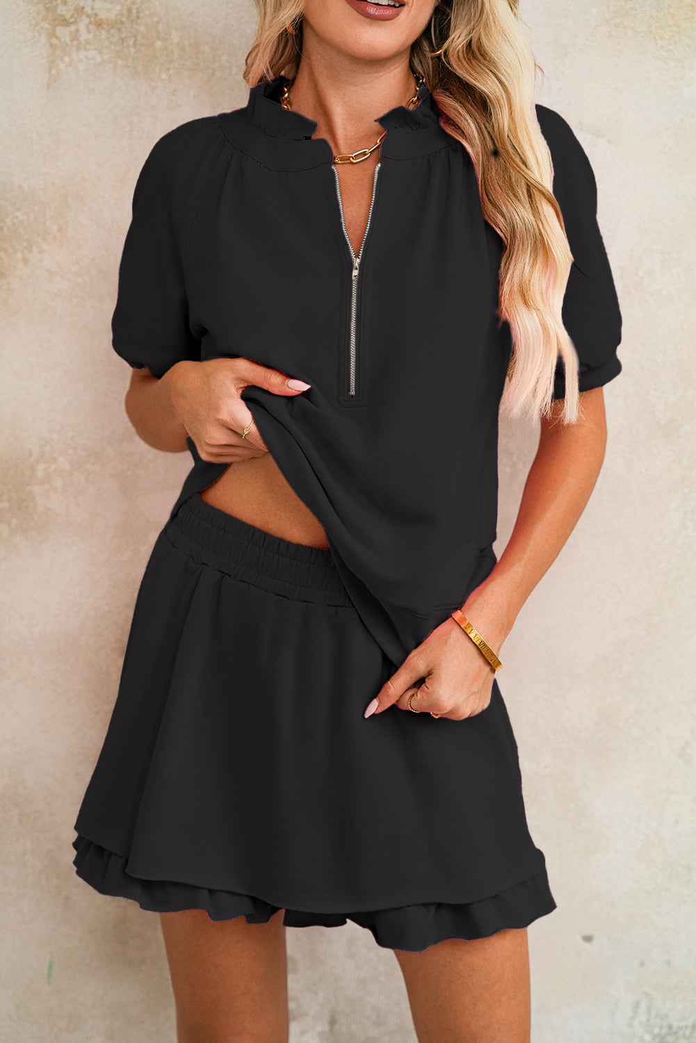 Sea Green Half Zip Puff Sleeve Top and Ruffle Shorts Set af185dc77f3c3a35