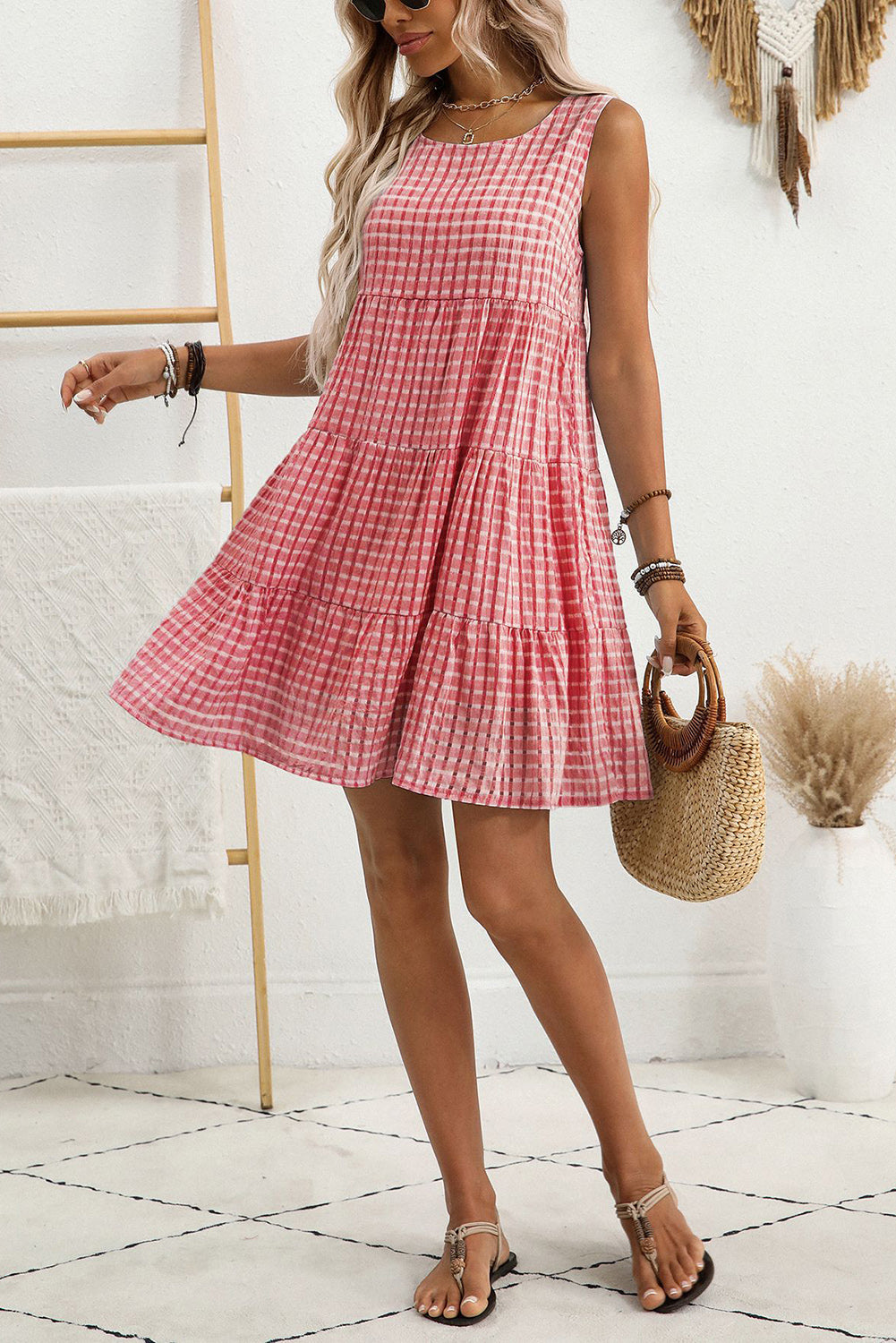 White Gingham High Waist Sleeveless Mini Dress af22d459f3b9e403