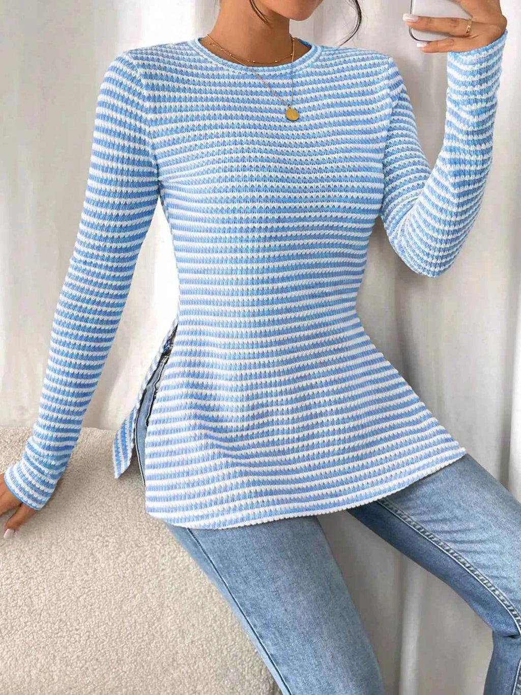 Side Slit Striped Long Sleeve T-Shirt Light Blue af3a4bddd8b9492c931451801e677aa3-Max-Origin