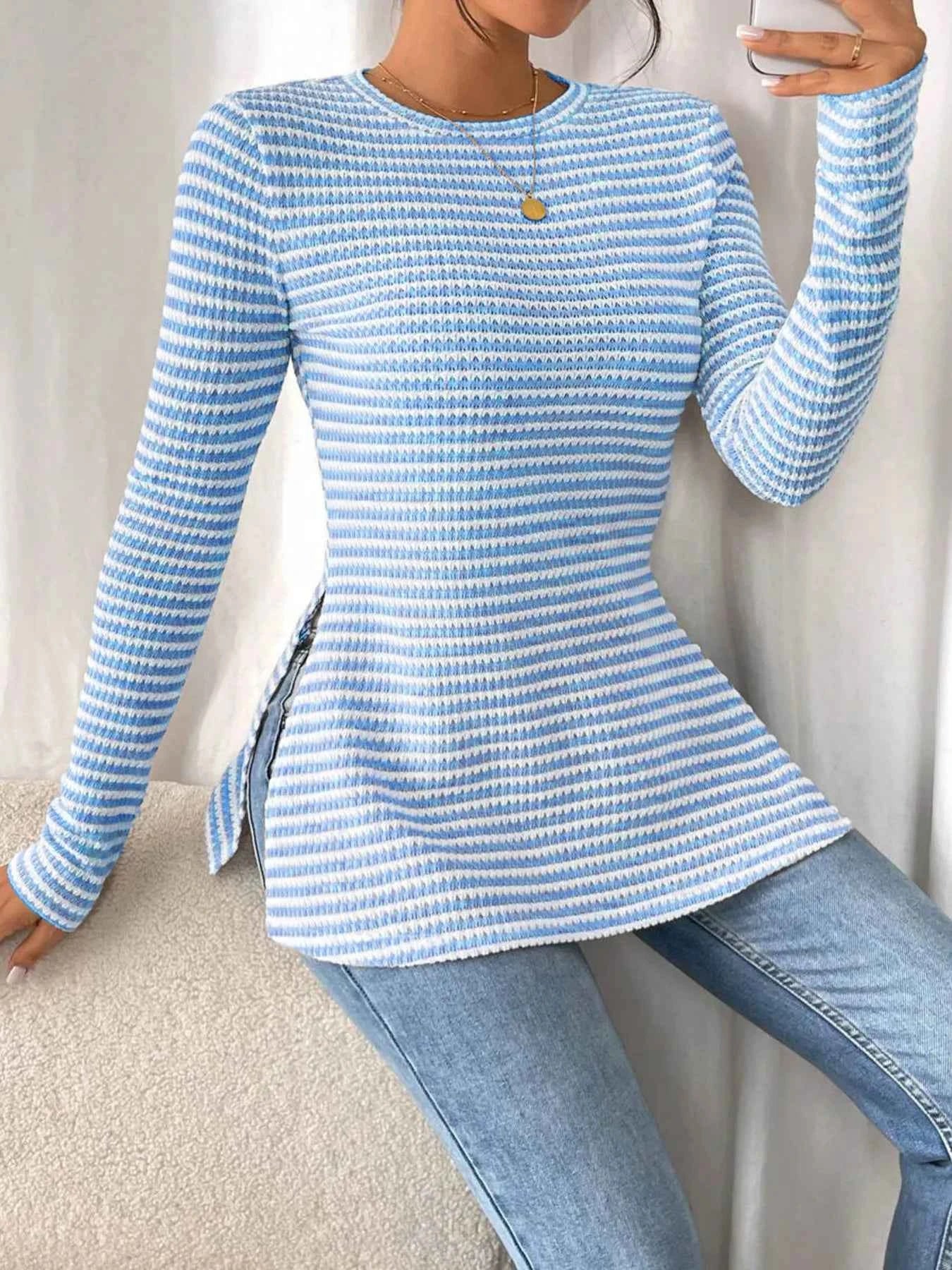 Side Slit Striped Long Sleeve T-Shirt Light Blue af3a4bddd8b9492c931451801e677aa3-Max-Origin