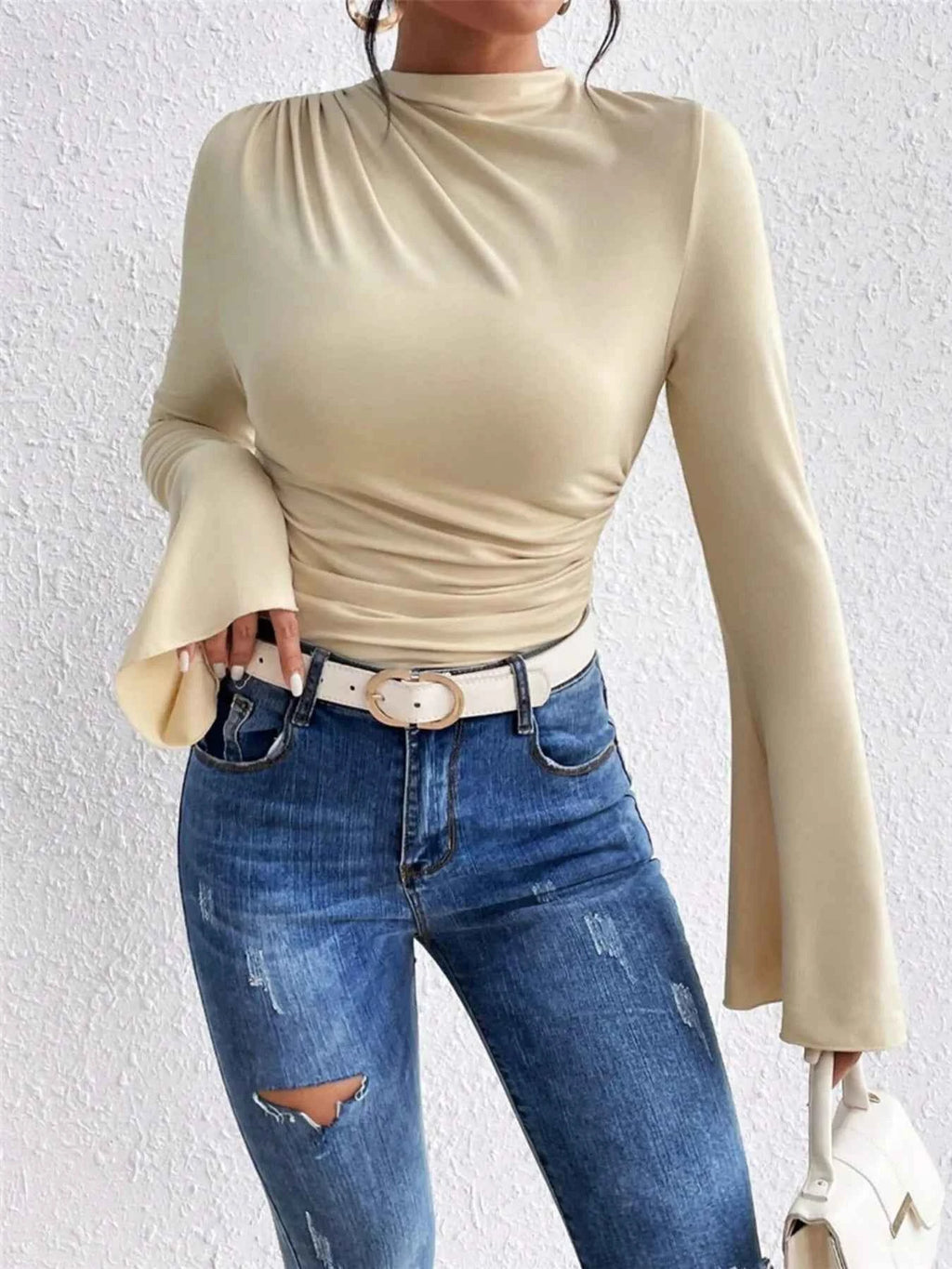 Bell Sleeve Ruched Fitted T-Shirt with Mock Neck af41ffc1033e40df8f9e4fc01aac20b0-Max-Origin