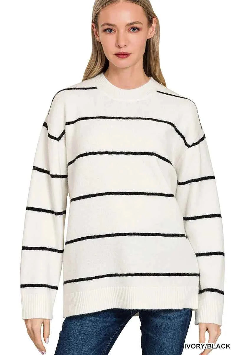 Zenana Round Neck Stripe Sweater IVORY BLACK af595c6307934656b8136ae3a8d65d38-Max-Origin