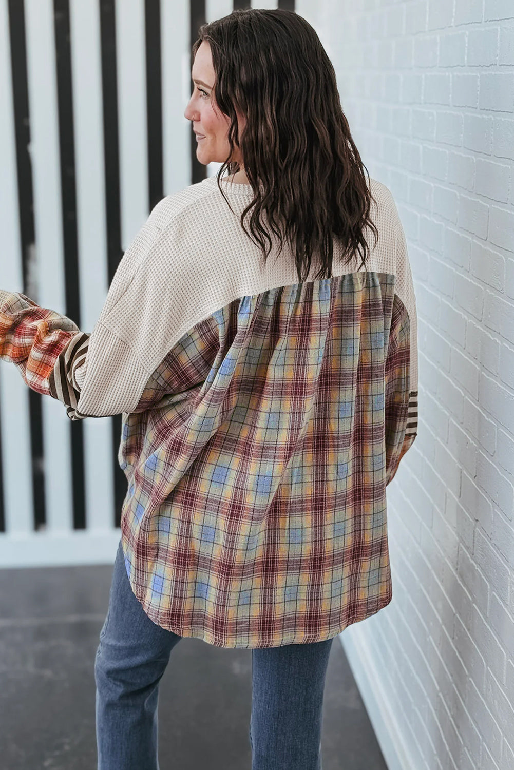 Parchment Plus Size Waffle Striped Plaid Patchwork Henley Pullover af5a5072dfe2e26e