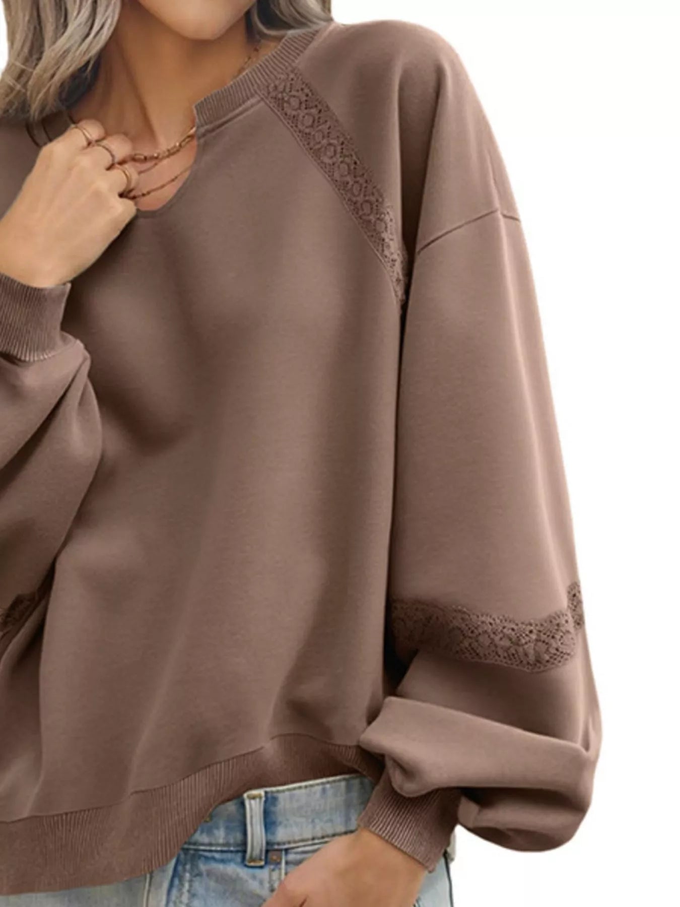 Lace Detail Notched Long Sleeve Sweatshirt af628b7e-7e89-4948-87ef-f790b335f8e0-Max-Origin