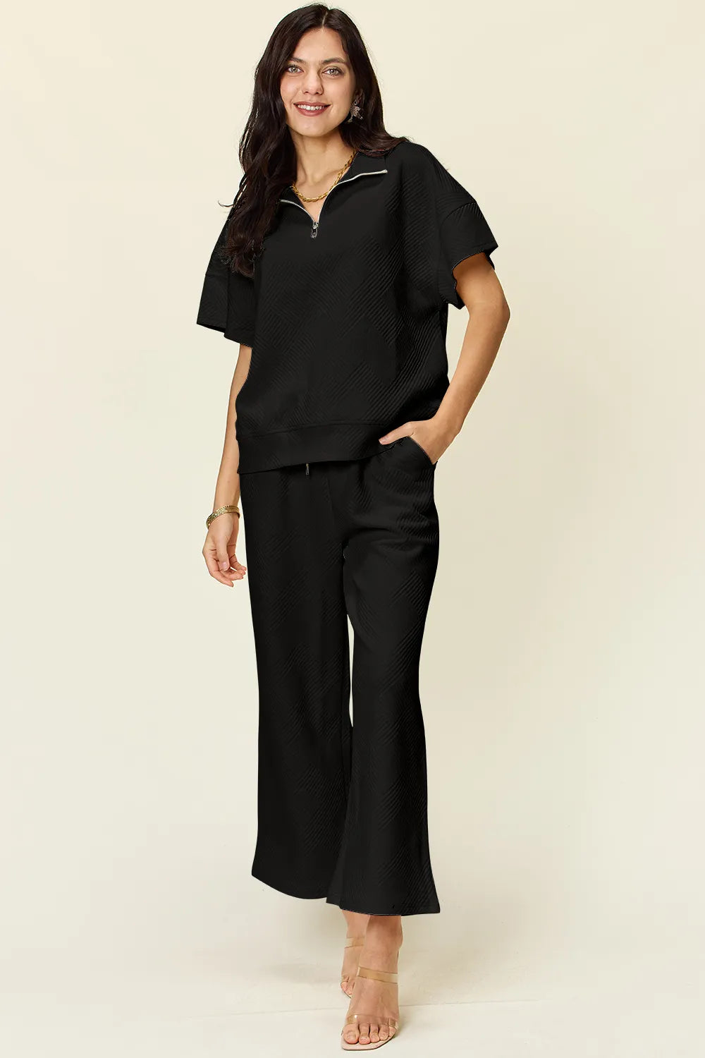 Double Take Full Size Texture Half Zip Short Sleeve Top and Pants Set Black af66af58-5792-4ab1-883c-9350ea295f5c-Max