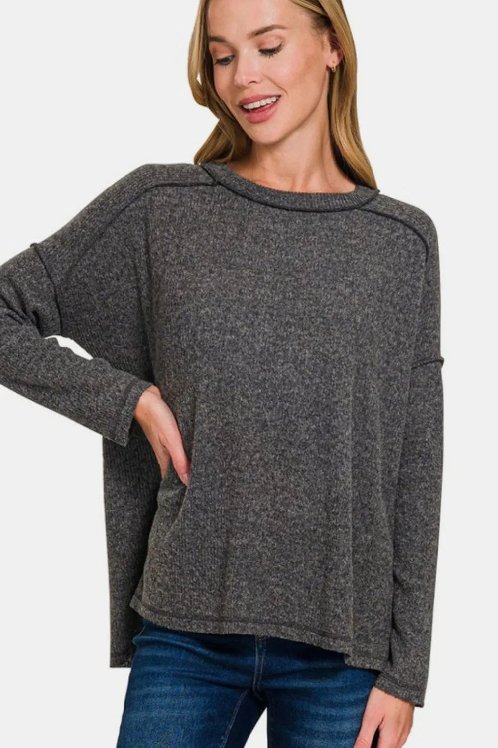 Zenana Full Size Exposed Seam Brushed Round Neck Sweater Black af846757-daf7-4197-ac8a-78ef81e1c6cb-Max