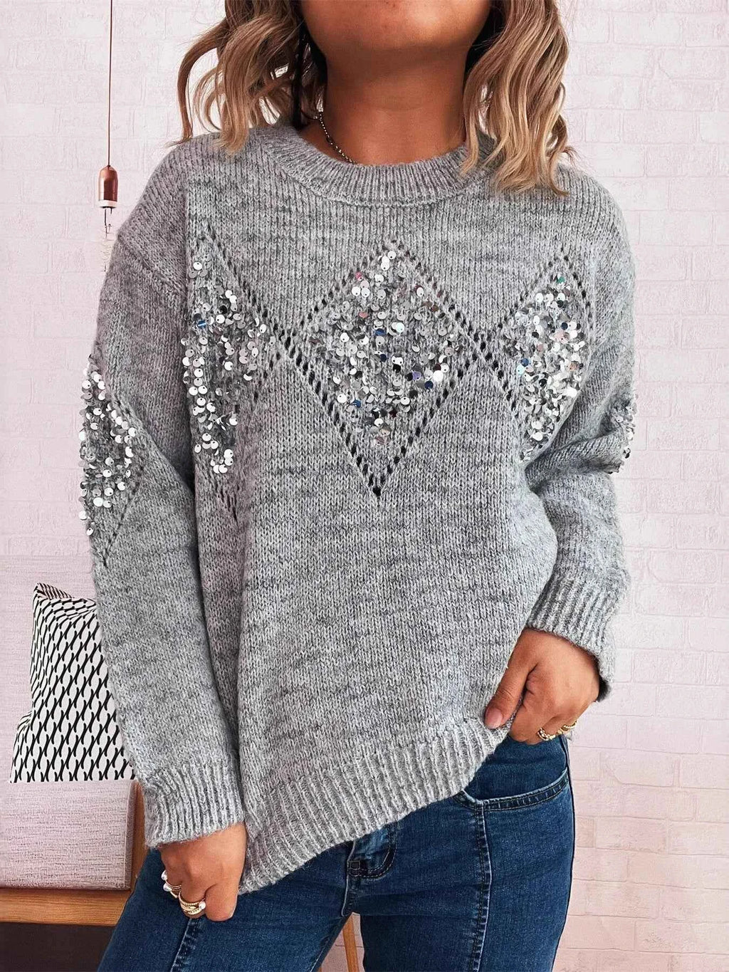 Sequined Diamond Pattern Oversized Sweater Gray One Size af9b0dbf2f784e839698e18a82570bc2-Max-Origin