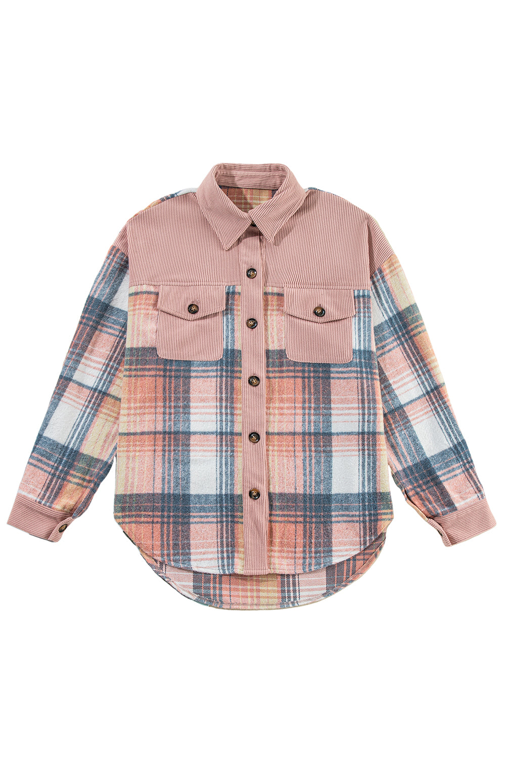 Cinnamon Plaid Corduroy Patchwork Pocket Loose Shacket afa248e2c84c0f86