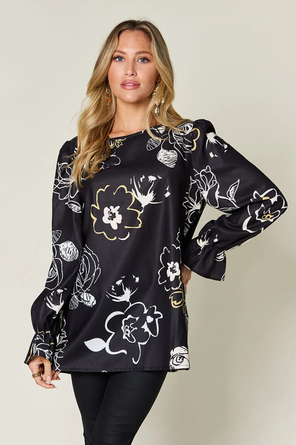 Double Take Full Size Printed Flounce Sleeve Blouse Black afa328f3-102a-487f-8b53-5f9439ff7cf4-Max