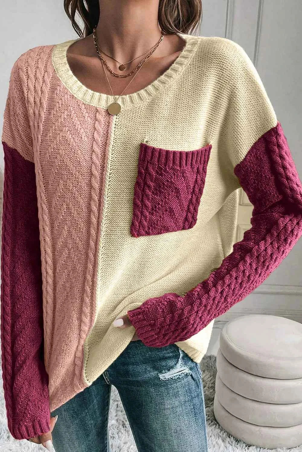 Double Take Full Size Color Block Drop Shoulder Sweater afaba147-37e2-41ff-9919-35448271a4f3-Max