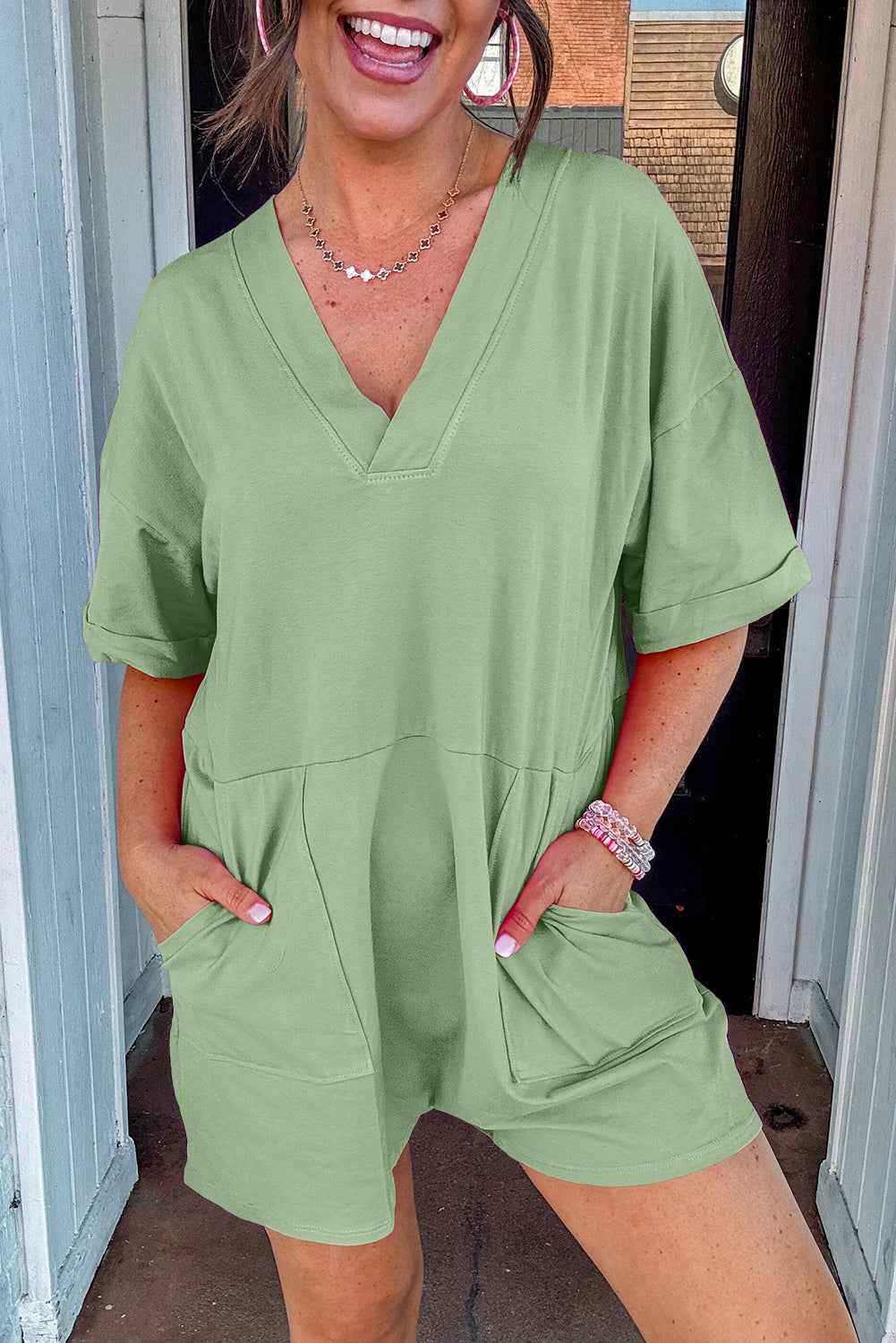 Bonbon Loose Half Sleeve V Neck Plain Romper Grass Green afbcd422d4550555