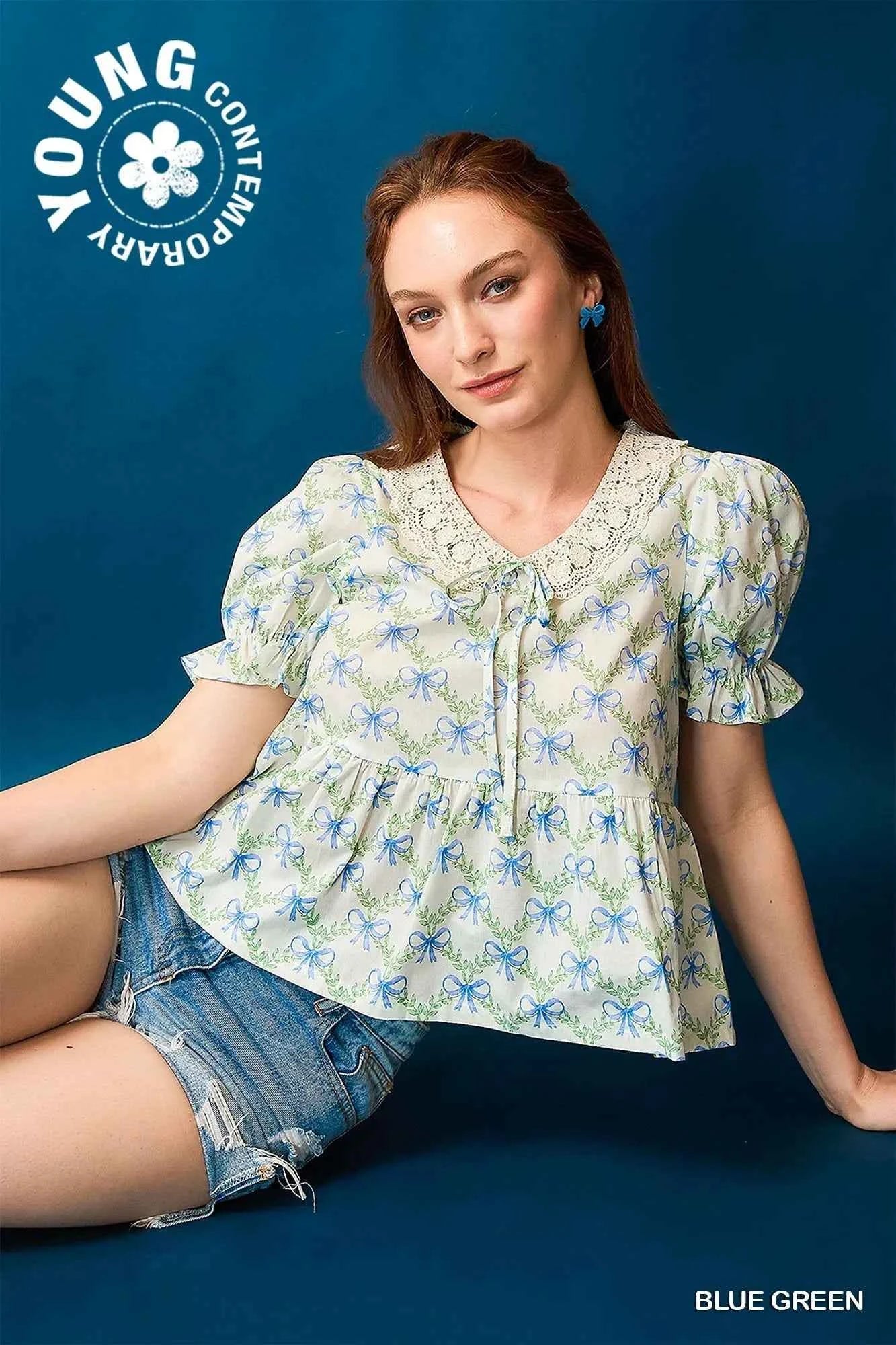 Umgee Lace Detail Bow Print Flounce Sleeve Blouse BLUE GREEN afd3dc1d-9ff5-48c5-925f-9aa3168589d3-Max-Origin
