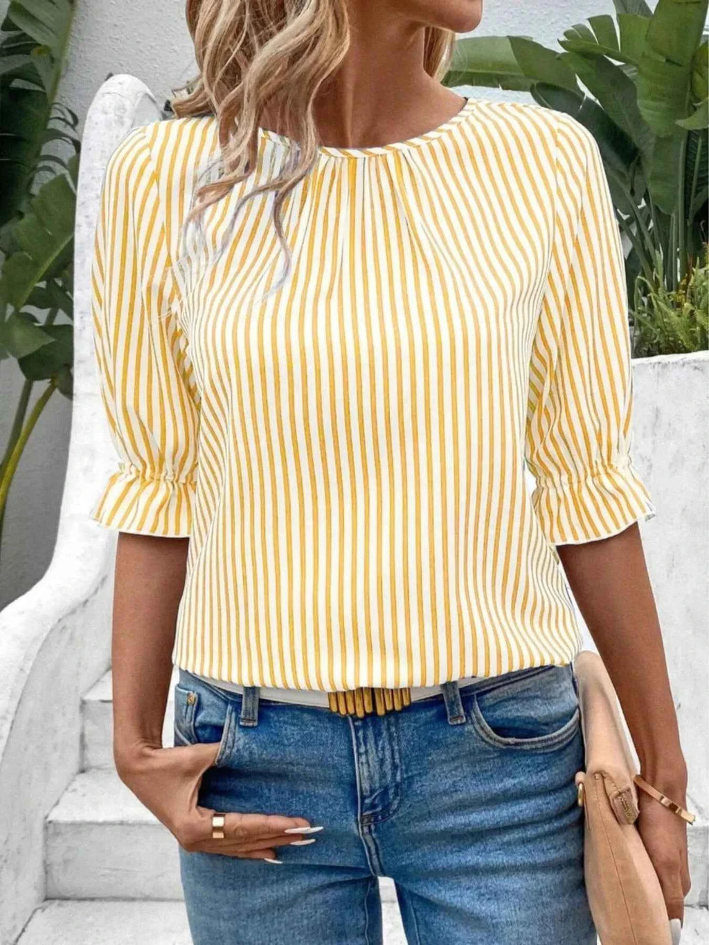 Striped Round Neck Half Sleeve Casual Blouse afd471ff-9e0a-4817-98fe-9a72903b48ff-Max-Origin