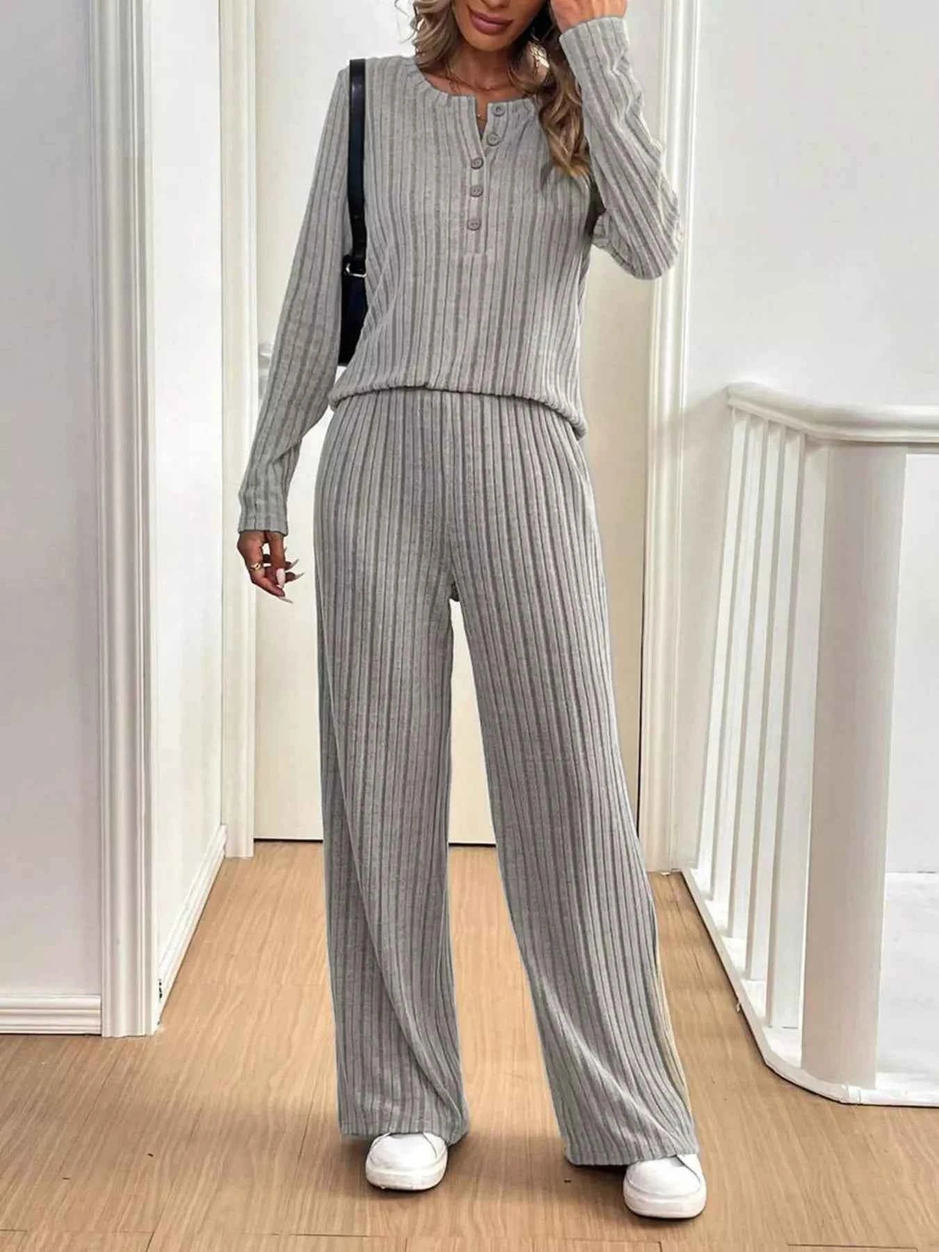 Button Detail Long Sleeve Top and Pants Set Gray afd6219911d54e4a8fc487dce137272a-Max-Origin