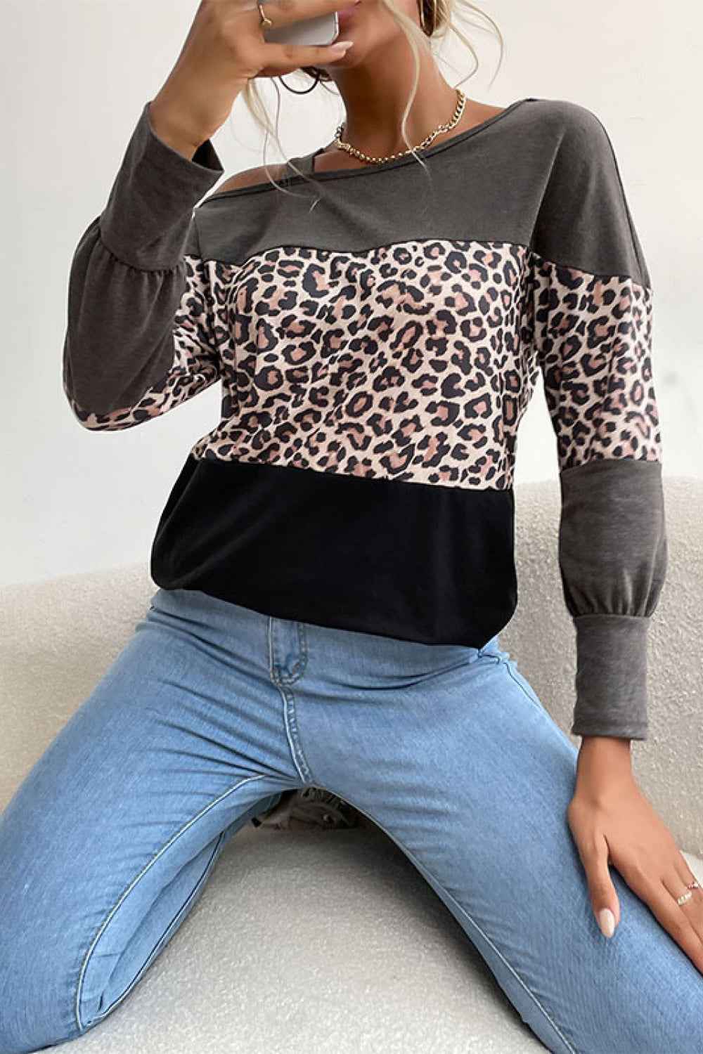 Perfee Leopard Print Color Block Cold Shoulder Top afddbf2ca6194416b497bae4ace22f9a-Max
