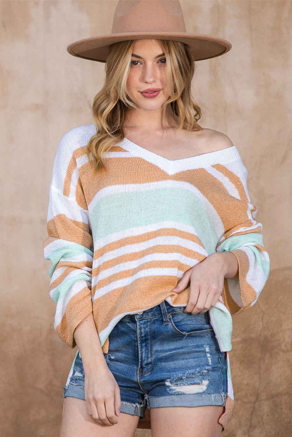 Multicolor Colorblock Stripe V Neck Split Sweater b00c55d40fda8a59