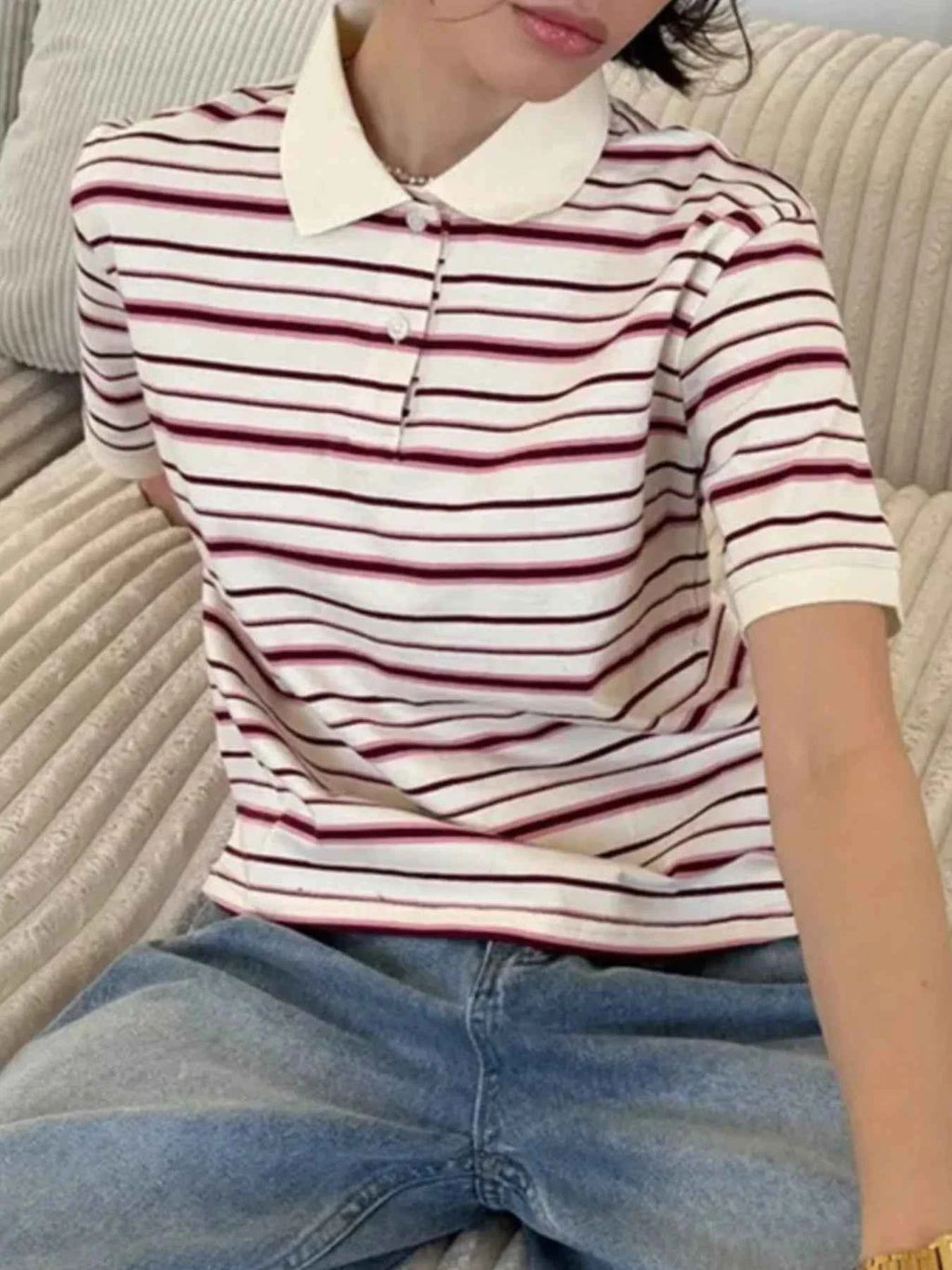 Striped Polo T-Shirt with Contrast Collar b013f081-0627-4d16-8a3a-7208e49e56fb-Max-Origin