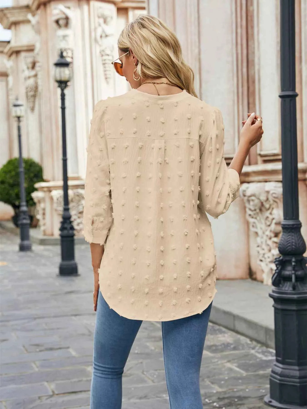 Swiss Dot Notched 3/4 Sleeve Blouse b01ddfe6469f4ee5b52d1fa071c0d04d-Max-Origin