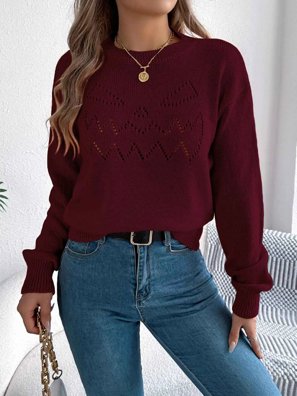 Openwork Round Neck Long Sleeve Sweater b026ec915d7147d2850eb87113e6e0ac-Max-Origin