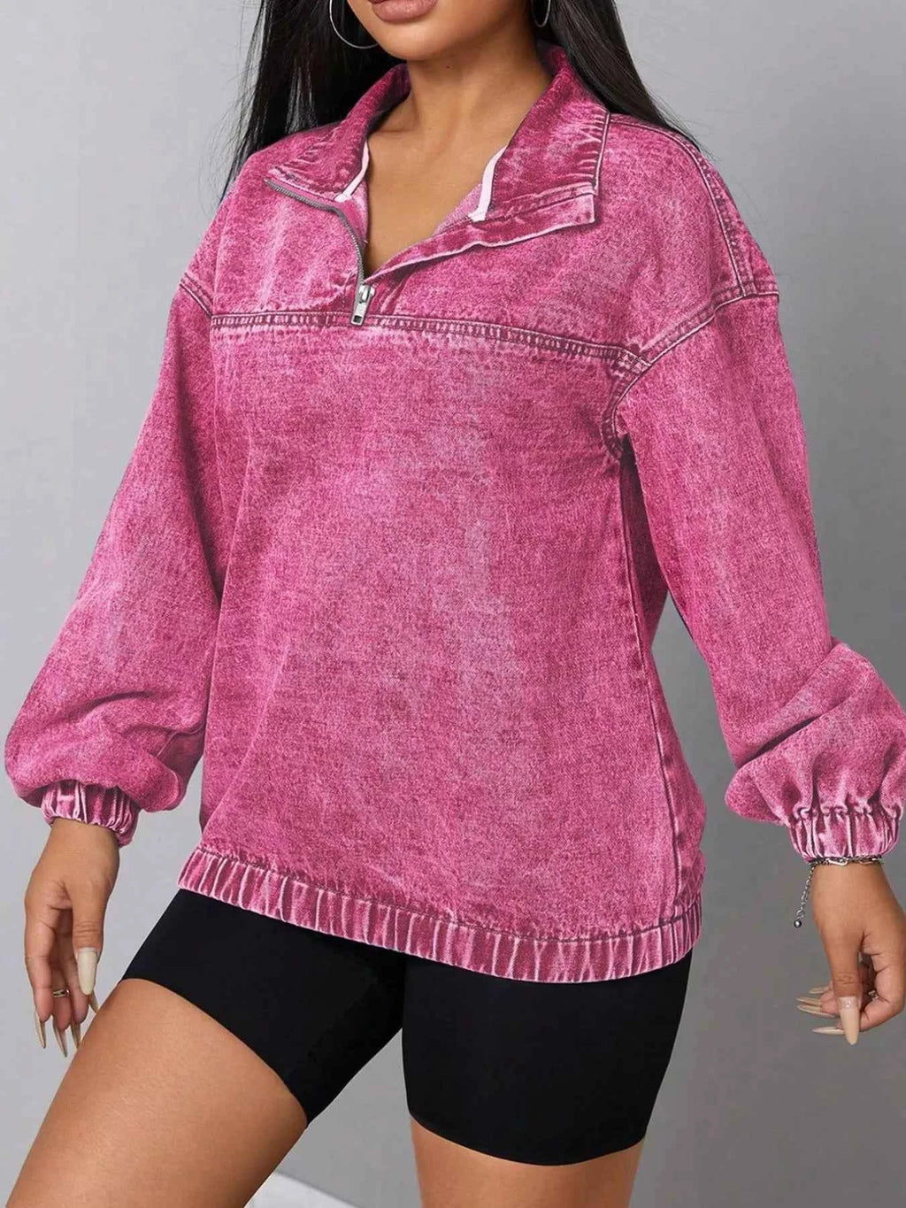 Zip Collar Long Sleeve Denim Top b0298d1e-8fcc-4560-9d2f-341f551ffcef-Max-Origin