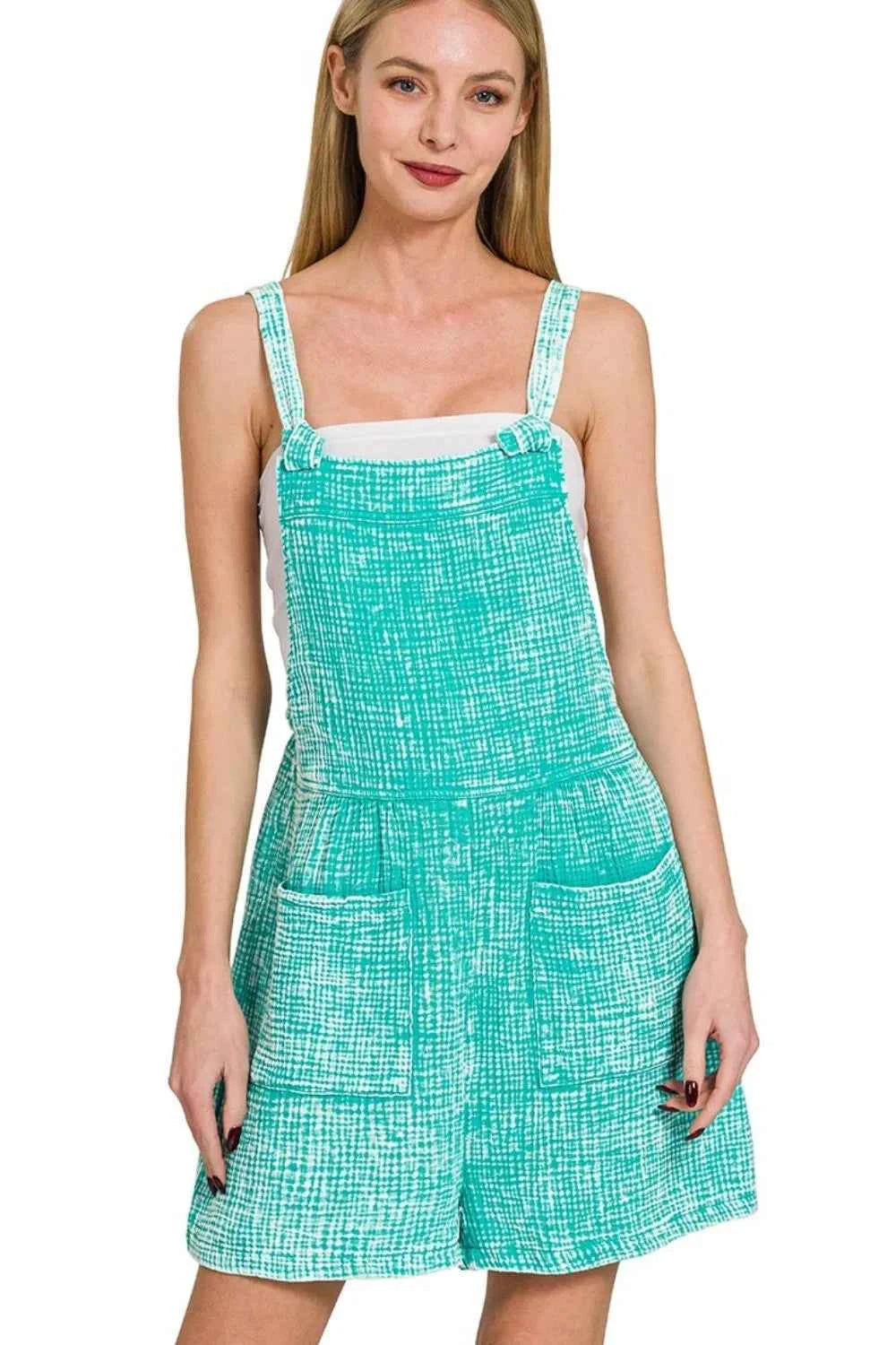 Zenana Woven Double Gauze Acid Washed Romper TURQUOISE b03acc27-2612-430e-9305-60d20e84df80-Max-Origin