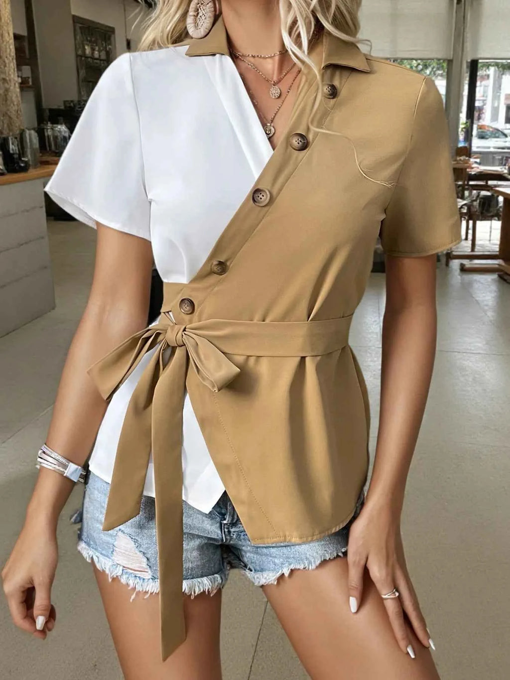Two-Tone Short Sleeve Blouse with Tie Waist b048749fd8d64b5e8187d4200c69d443-Max-Origin