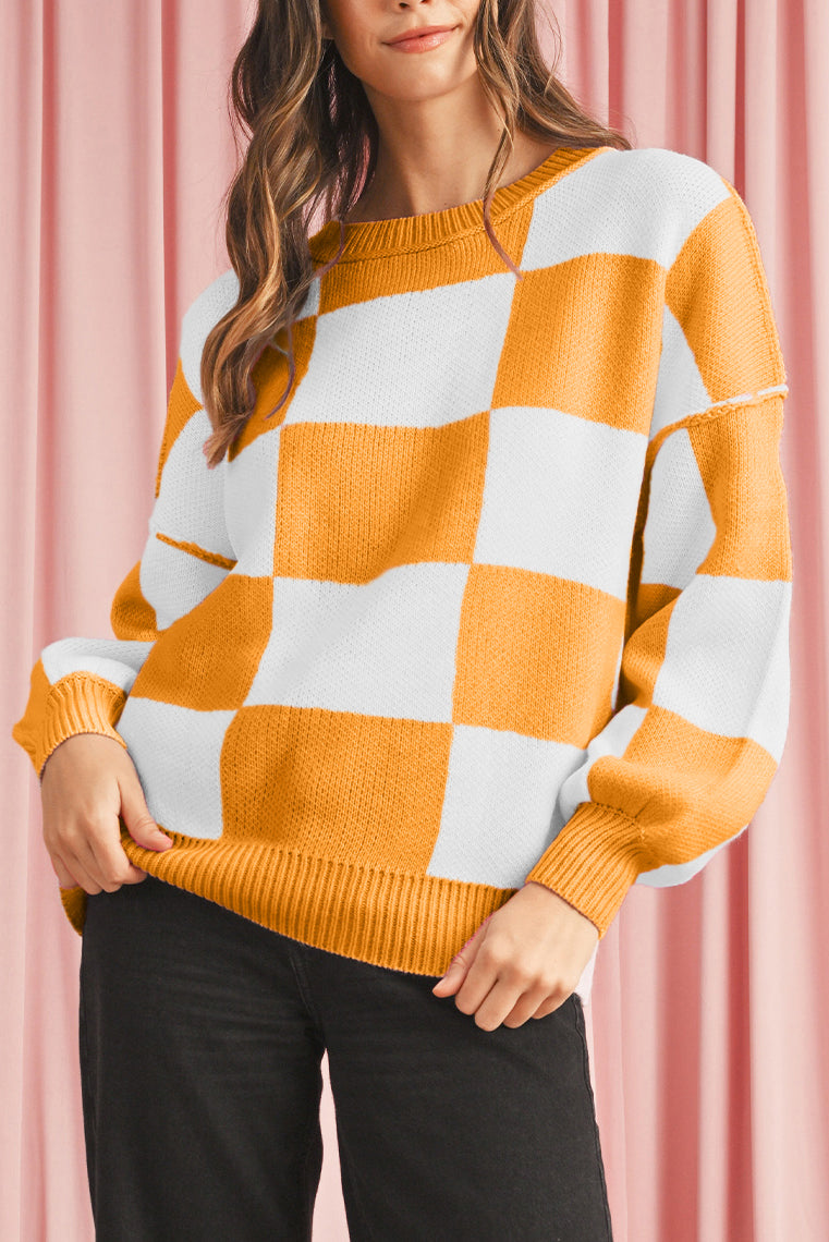 Orange & White Plaid Exposed Seam Bishop Sleeve Sweater Grapefruit Orange 100%Acrylic b055549fd2204ba0