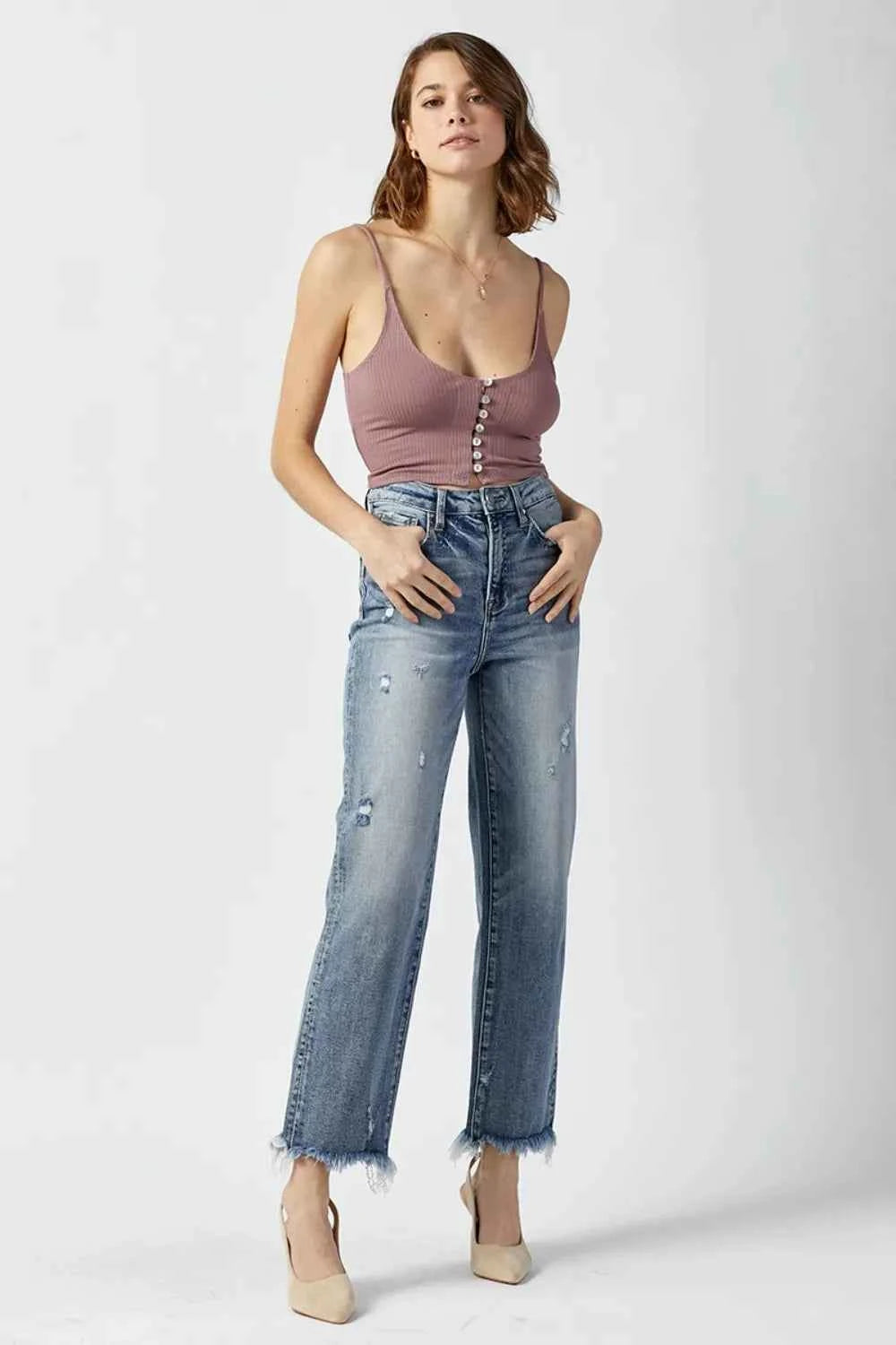 RISEN High Waist Raw Hem Straight Jeans b07b6623-e675-4213-bbf6-b50459c8e15b-Max