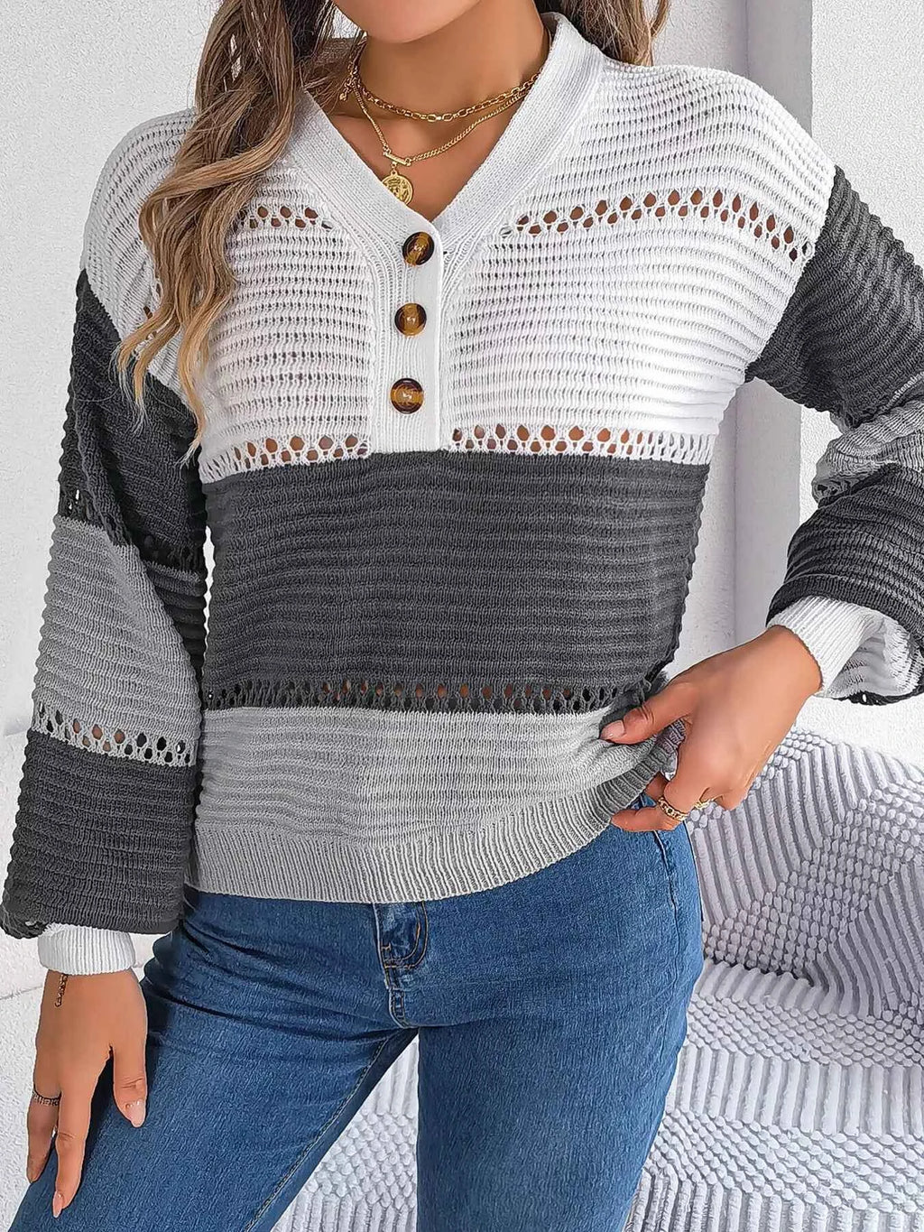 Color Block Striped V-Neck Button Detail Sweater b08526f98e1141f49497af0e82eb8222-Max-Origin