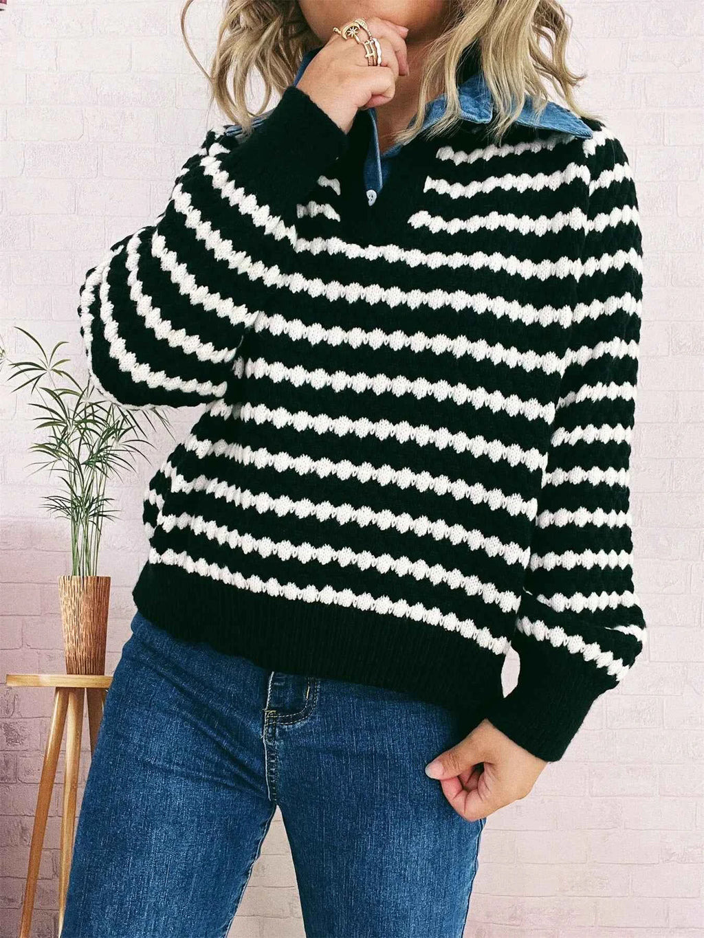 Contrast Striped Sweater with Denim Collar b0994a30829b4175be206f1d1e40f3fc-Max-Origin