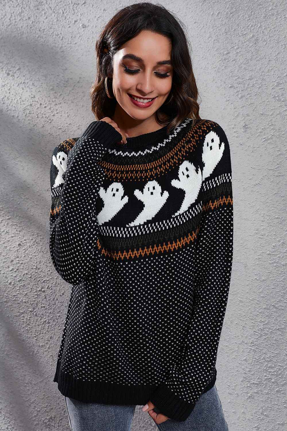 Ghost Pattern Round Neck Long Sleeve Sweater b0a0ed2ff5084bdca4f4d4841c49b151-Max