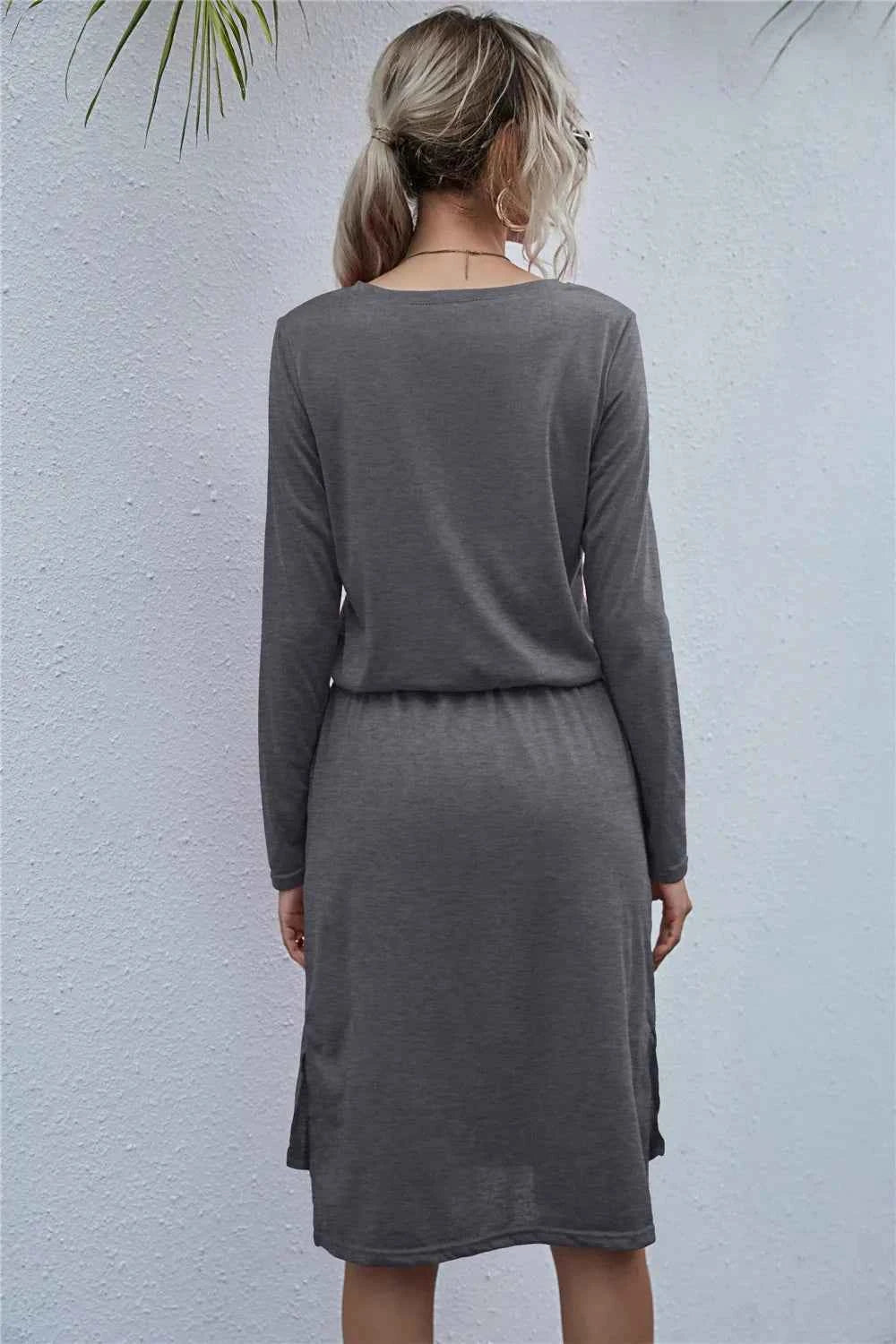 Drawstring Waist Round Neck Long Sleeve Dress b0a3db9b4bdf4993825e2d5ef3b6a59e-Max