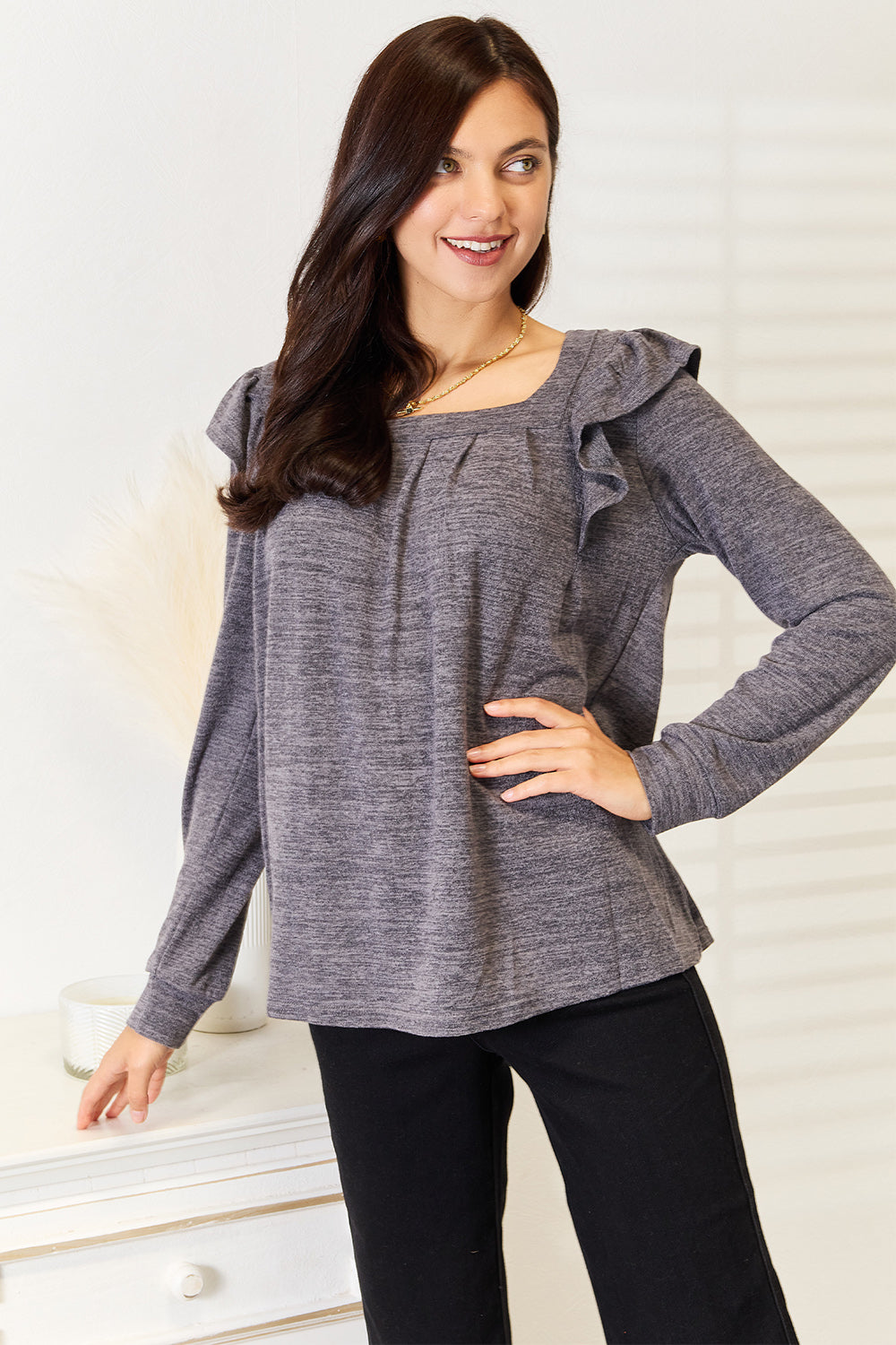 Double Take Square Neck Ruffle Shoulder Long Sleeve T-Shirt b0aefa906e1245b99303b8cde0abf190-Max