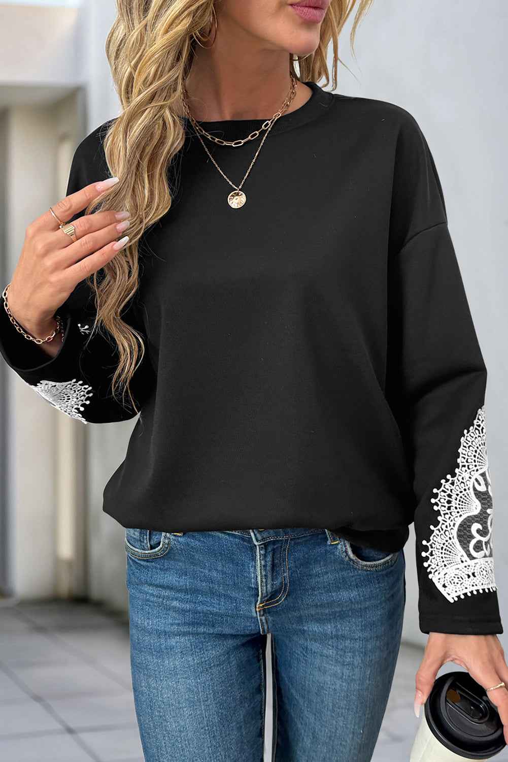Black Lace Patchwork Sleeve Round Neck Pullover Sweatshirt Color black b0aff564daabc5ff