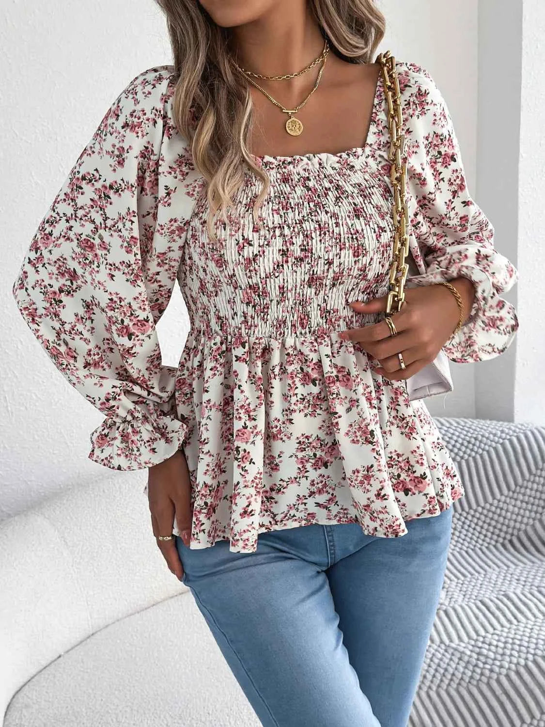 Floral Square Neck Flounce Sleeve Blouse b0b8cb90-da73-4555-a3bf-907f5edf1c2f-Max-Origin