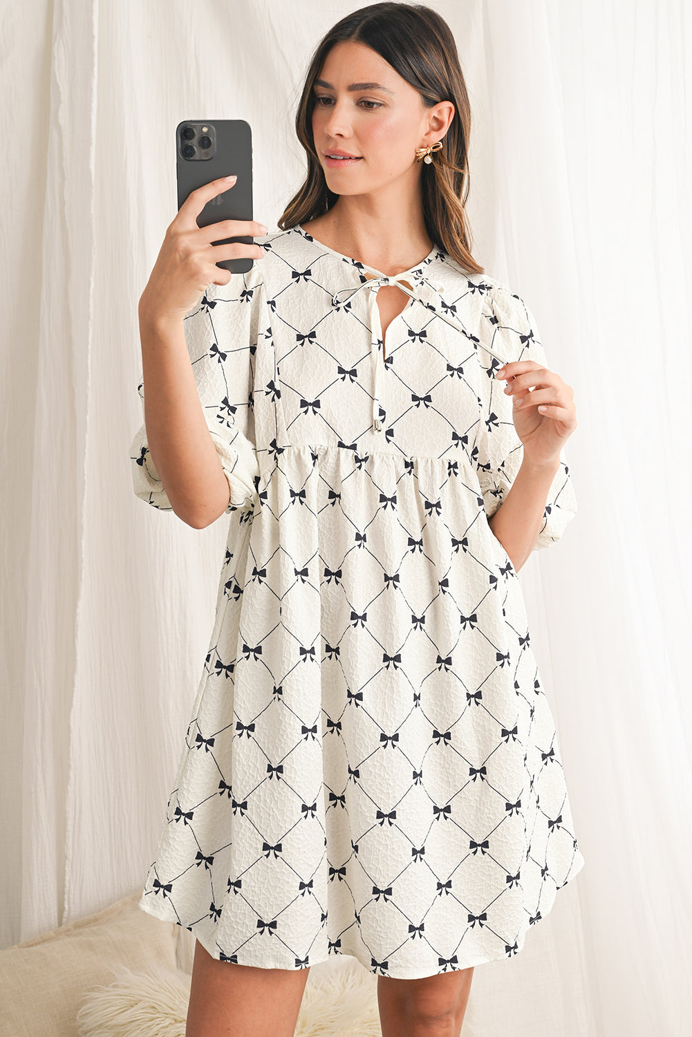 White Sweet Bow Print Lantern Sleeve Mini Dress b0c00ff867ff178c