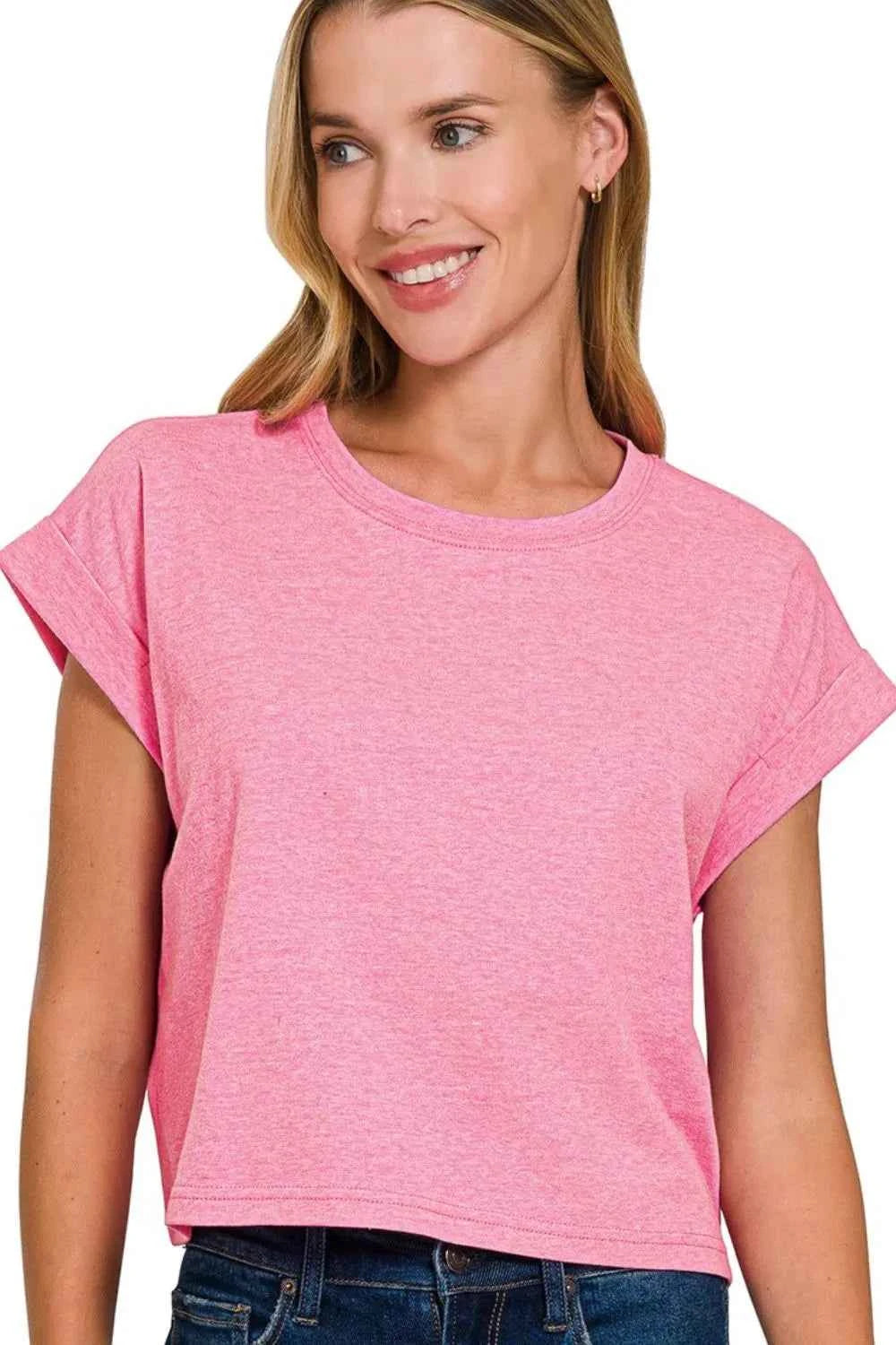 Zenana Rolled Sleeve Crop T-Shirt H HOT PINK b0e21c52-00b2-447c-b722-eeb25d365f80-Max-Origin