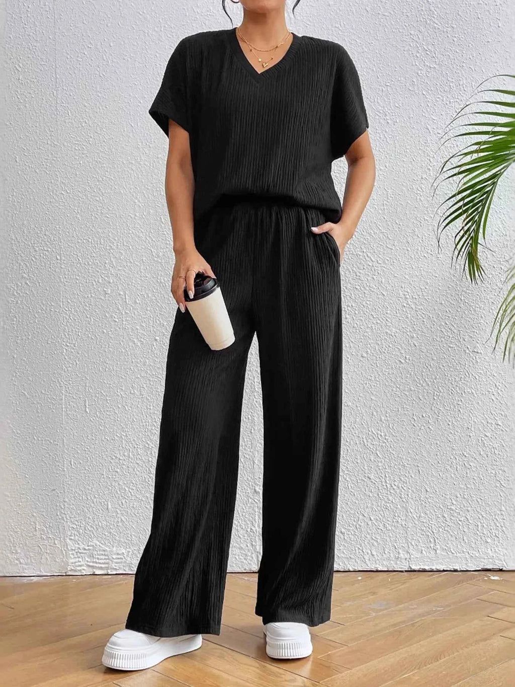 V-Neck Short Sleeve Top and Pants Set Black b0ea3a8452da4329b936dbac0384601f-Max-Origin