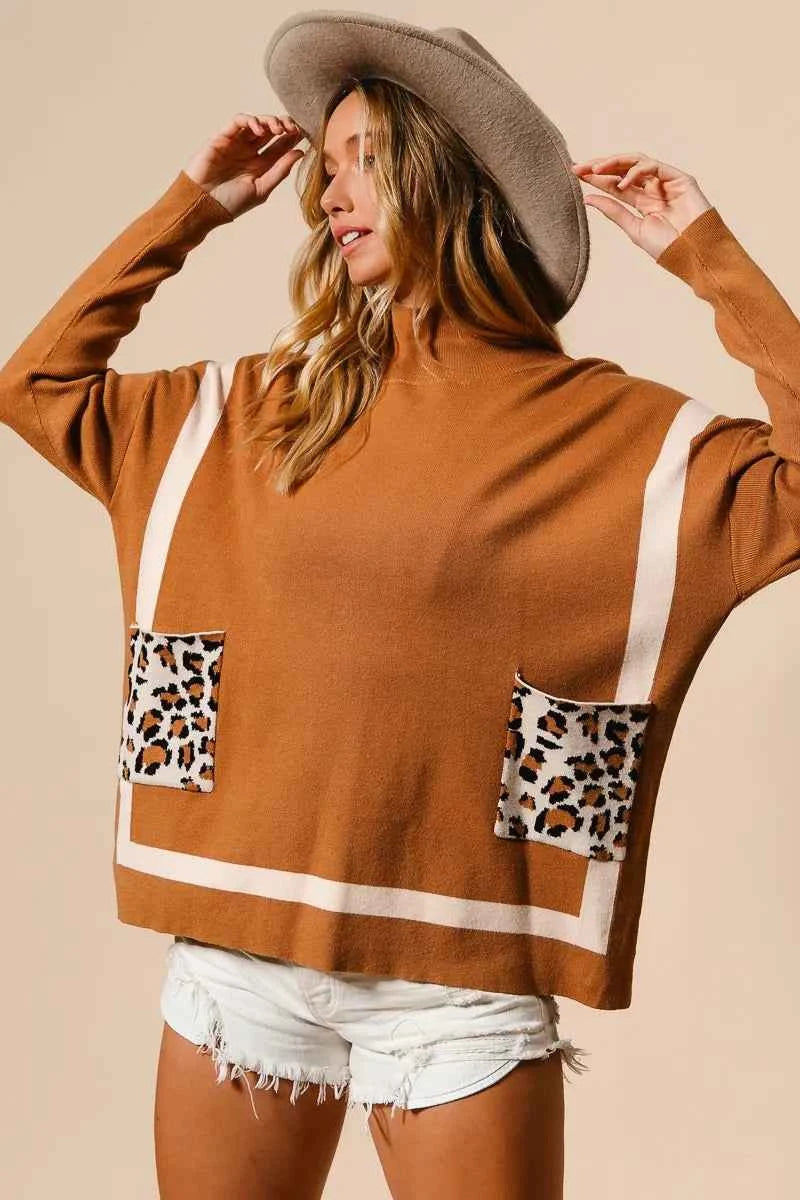 BiBi Mock Neck Sweater with Leopard Pocket b0f98db1fdd0423b91e4bacee20964cd-Max-Origin