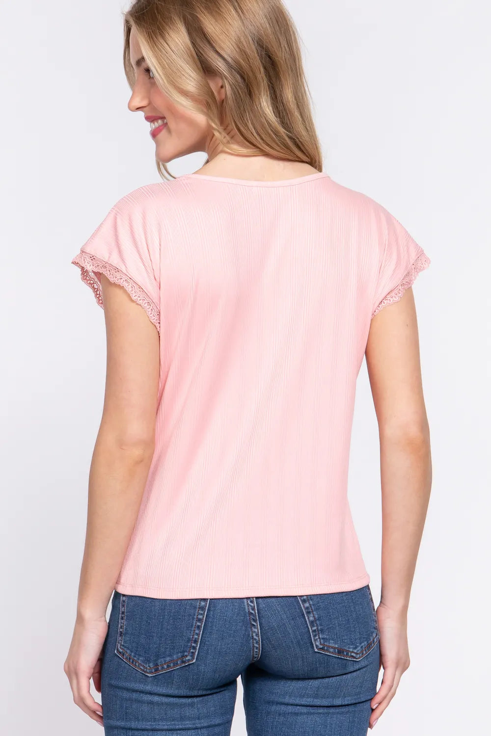 ACTIVE BASIC Lace Trim V-Neck Short Sleeve Ribbed Top b10ce908-3ebd-4144-bfbf-03fea0e0ab38-Max