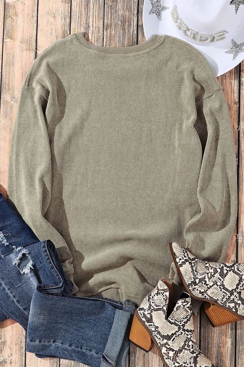 Green Ribbed Round Neck Drop Sleeve Pullover Sweatshirt b11ad392a72c7e32