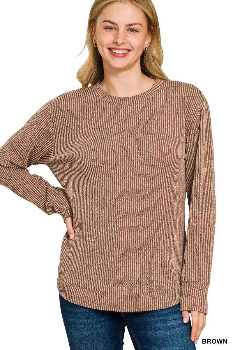 Zenana Full Size Raised Rib Round Neck Long Sleeve Top Plus Size BROWN b12819619fd74ff2ab18e1090d809c70-Max-Origin