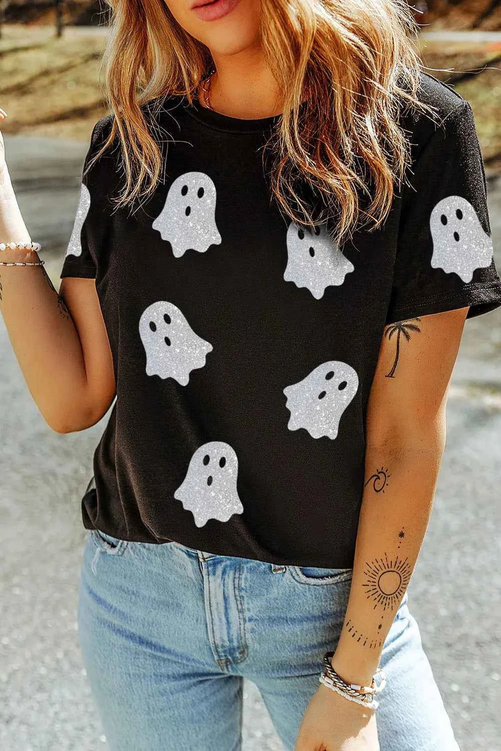 Glitter Ghost Round Neck Short Sleeve T-Shirt Black b175c25c-4b8c-4f33-be69-cf5eff5d0294-Max