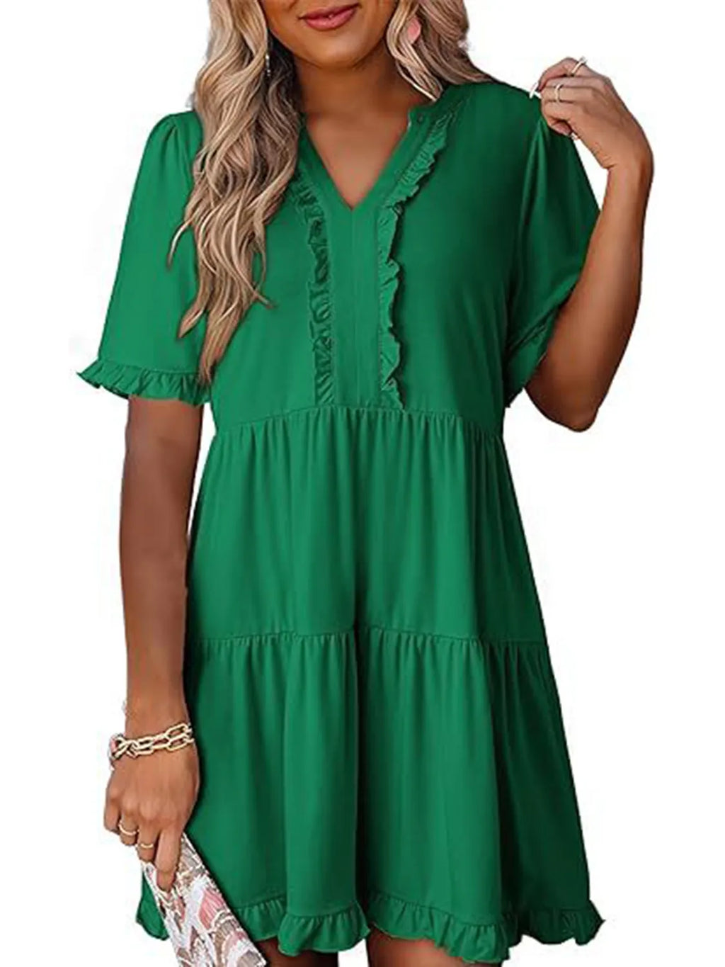 Tiered Notched Short Sleeve Mini Dress Dark Green b177462e-ae63-440b-9fa2-e6c57eaa2228-Max-Origin